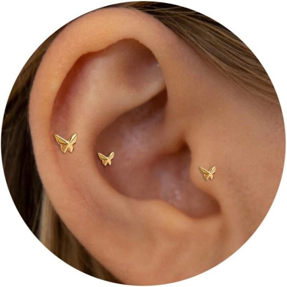 3pcs Butterfly Flat Back Titanium Earrings - Hypoallergenic Threadless Design